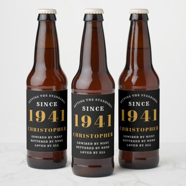 80th Birthday 1941 Black Gold Retro Personalized Beer Bottle Label (Bottles)