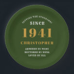 80th Birthday 1941 Green Gold Love Personalized Paper Plate<br><div class="desc">A personalized classic paper plate design for that birthday celebration for a special person born in 1941 and turning 80. Add the name to this vintage retro style green, white and gold design for a custom 80th birthday gift. Easily edit the name and year with the template provided. A wonderful...</div>