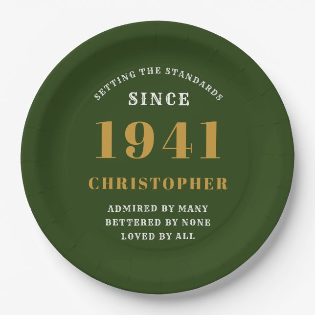 80th Birthday 1941 Green Gold Love Personalized Paper Plate (Front)