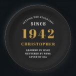 80th Birthday 1942 Black Gold Love Personalized Paper Plate<br><div class="desc">A personalized classic paper plate design for that birthday celebration for a special person born in 1942 and turning 80. Add the name to this vintage retro style black, white and gold design for a custom 80th birthday gift. Easily edit the name and year with the template provided. A wonderful...</div>