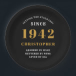 80th Birthday 1942 Black Gold Love Personalized Paper Plate<br><div class="desc">A personalized classic paper plate design for that birthday celebration for a special person born in 1942 and turning 80. Add the name to this vintage retro style black, white and gold design for a custom 80th birthday gift. Easily edit the name and year with the template provided. A wonderful...</div>