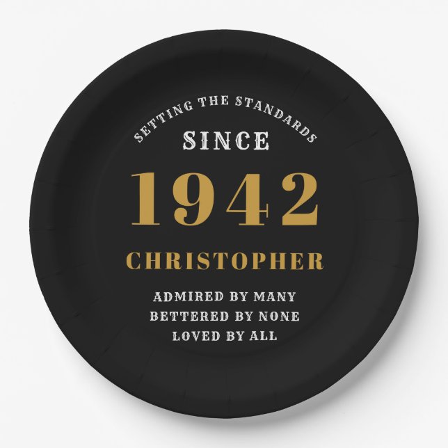 80th Birthday 1942 Black Gold Love Personalized Paper Plate (Front)