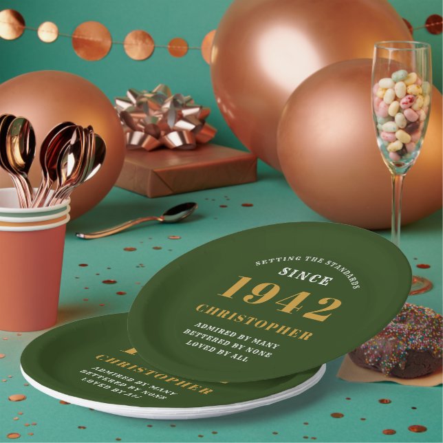 80th Birthday 1942 Green Gold Love Personalized Paper Plate (Multi)