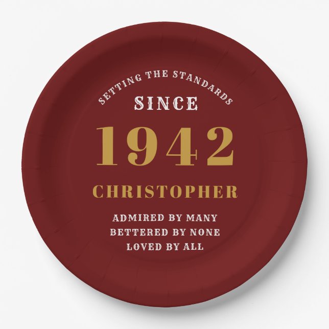 80th Birthday 1942 Red Gold Love Personalized Paper Plate (Front)