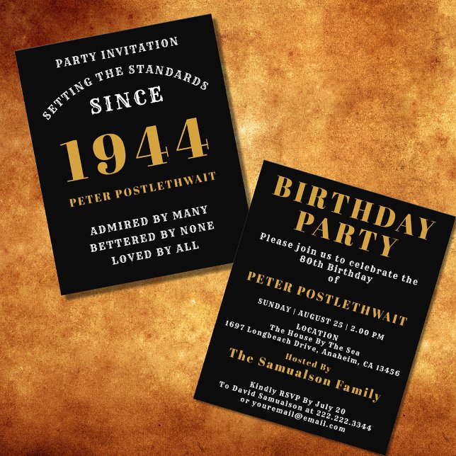 80th Birthday 1944 Black Gold Personalized For Him Flyer (Elegant Black and Gold 80th Birthday Invitation - Create Your Own Personalized Design. )