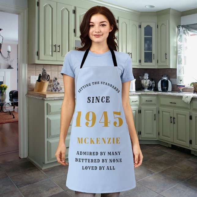 80th Birthday 1945 Name Chic Elegant Blue Gold Apron (Personalized 80th birthday long apron in light blue with black and gold print.)