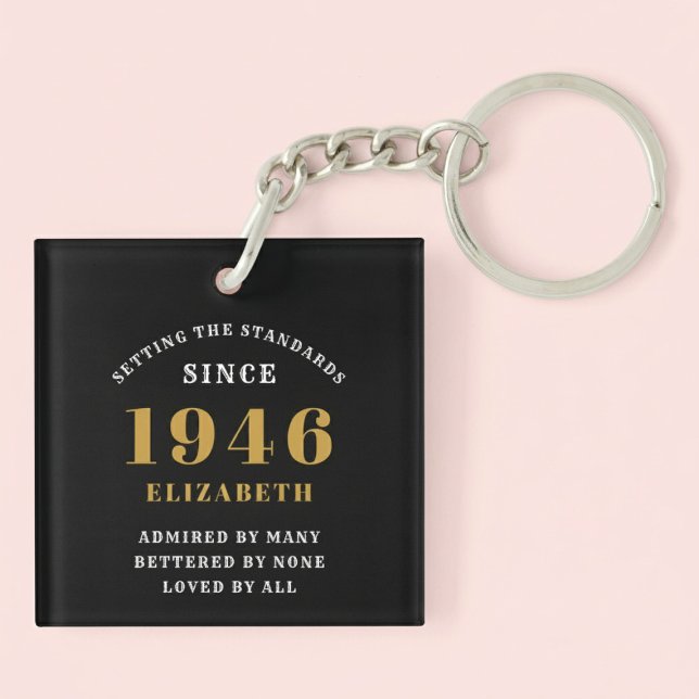 80th Birthday 1946 Black Gold For Her Personalized Keychain (Born 1946 birthday keychain. Pastel background.)