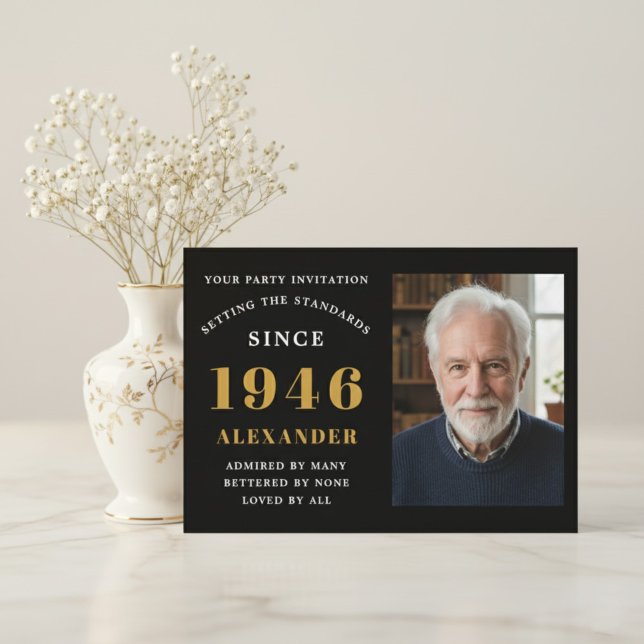 80th Birthday 1946 Black Gold Personalized Photo Invitation (1946 invitation. White background with flowers.)