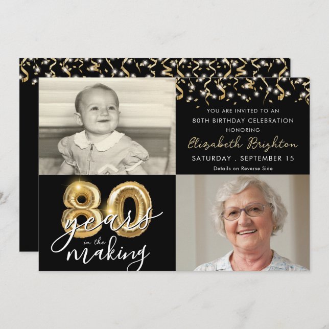 80th Birthday 2 Photos Black Gold Balloons Script Invitation (Front/Back)