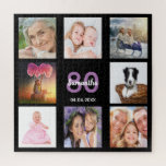 80th birthday 80 photo collage black woman jigsaw puzzle<br><div class="desc">A gift for a woman's 80th birthday, celebrating her life with a collage of 8 of your photos. Templates for a name, age 80 and a date. Date of birth or the date of the anniversary. Purple and white colored letters. Chic black background color.</div>