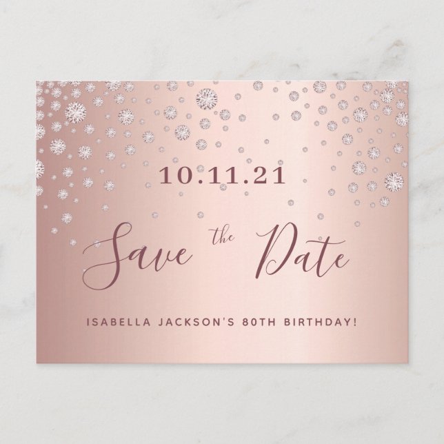 80th birthday 80 rose gold diamonds save the date postcard (Front)