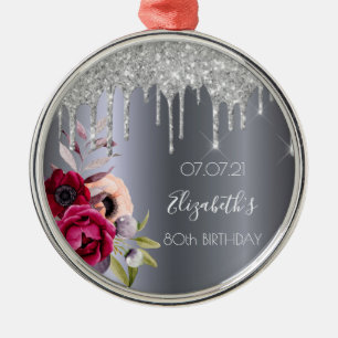 80th birthday 80 silver glitter drips burgundy metal ornament