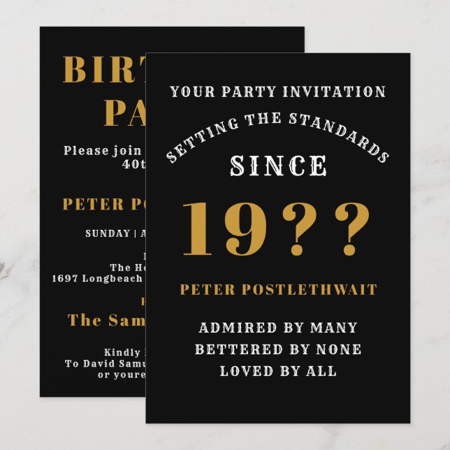 80th Birthday Add Name Year Black Gold For Him Invitation (Front/Back)