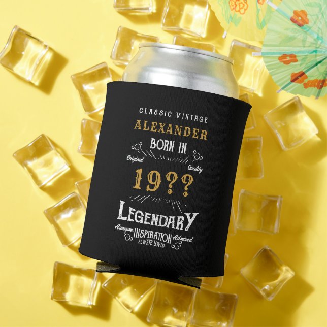 80th Birthday Add Name Year Legendary Black Gold Can Cooler (In Situ Summer)
