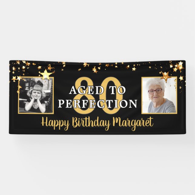 80th Birthday AGED TO PERFECTION Black Gold Stars Banner (Horizontal)
