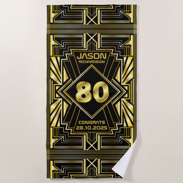 80th Birthday Art Deco Gold Black Great Gatsby Beach Towel (Front)