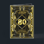 80th Birthday Art Deco Gold Black Great Gatsby Card<br><div class="desc">Celebrate your milestone birthday in style with this unique Art Deco-style,  Great Gatsby-inspired design featuring geometric shapes in bright gold over black background. An elegant,  classy,  gender neutral look perfect for commemorating that special birthday with the jazz-infused taste of the Roaring Twenties.</div>