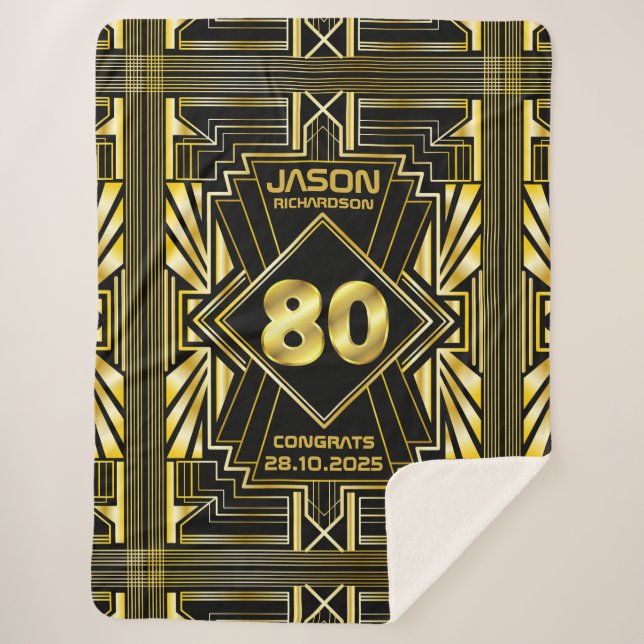 80th Birthday Art Deco Gold Black Great Gatsby Sherpa Blanket (Front)