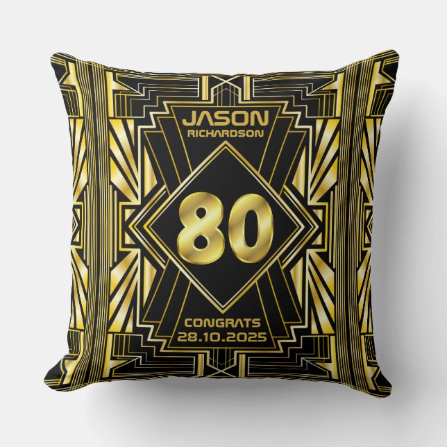 80th Birthday Art Deco Gold Black Great Gatsby Throw Pillow (Front)