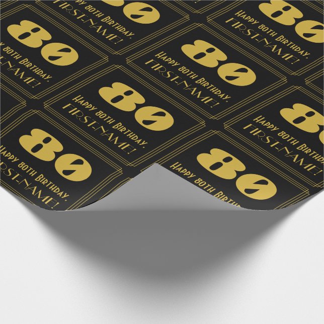 80th Birthday – Art Deco Inspired Look "80" & Name Wrapping Paper (Corner)