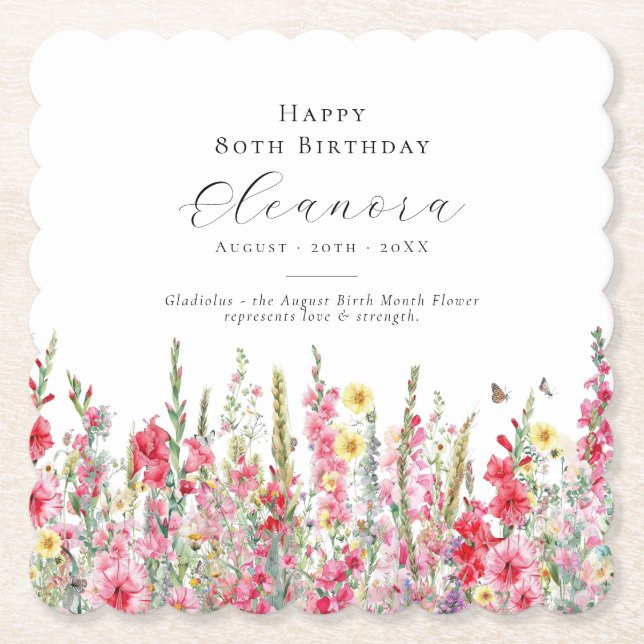 80th Birthday August Birth Flower Custom Paper Coaster (Front)