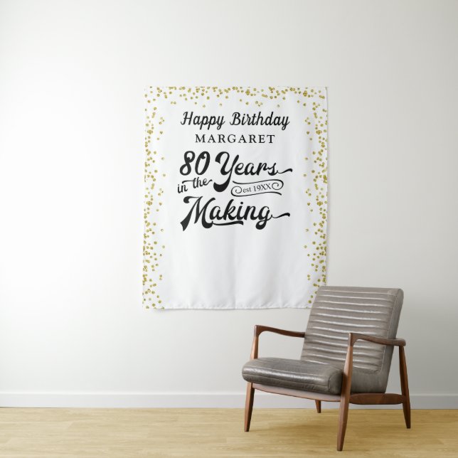 80th Birthday Backdrop Black Gold Confetti Tapestry (In Situ)