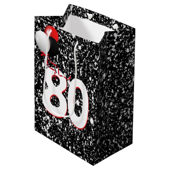 80th Birthday Balloons on Black Glitter Medium Gift Bag (Front Angled)