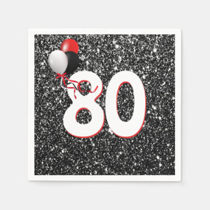 80th Birthday Balloons on Black Glitter Napkins