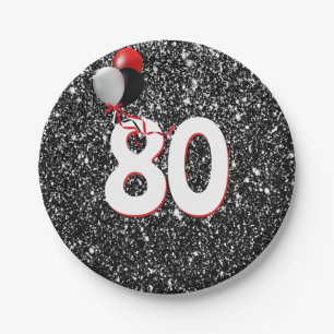 80th Birthday Balloons on Black Glitter Paper Plate