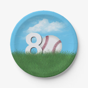 80th Birthday Baseball In Green Grass Paper Plate