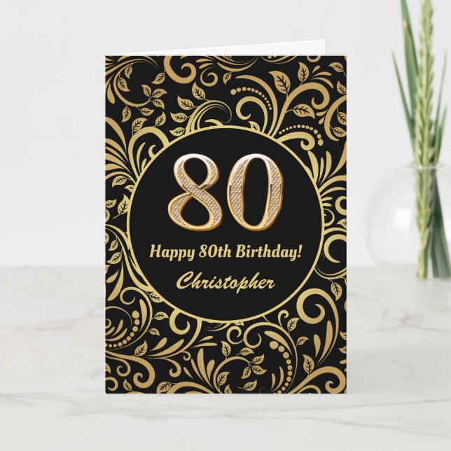 80th Birthday Black and Gold Floral Pattern Card (Front)
