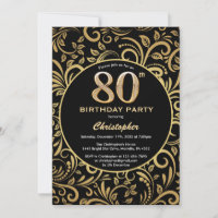 80th Birthday Black and Gold Floral Pattern