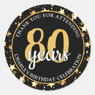 80th Birthday Black and Gold Stars THANK YOU Classic Round Sticker
