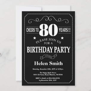 80th Birthday Black and White Chalkboard Invitation