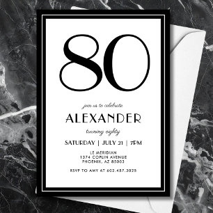 80th Birthday Black and White Modern Minimalist Invitation