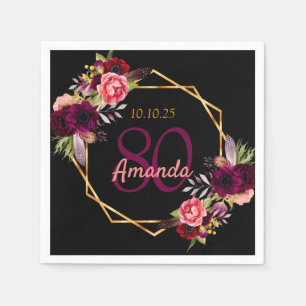 80th birthday black burgundy florals geometric napkin