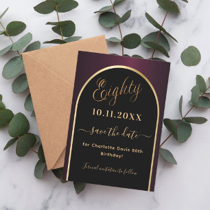 80th birthday black burgundy gold arch save the date