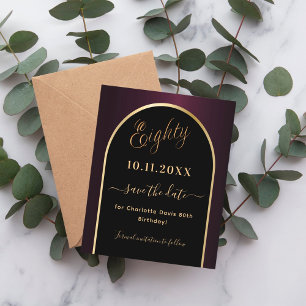 80th birthday black burgundy save the date card