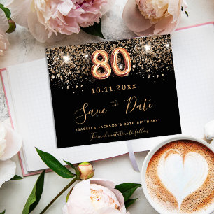 80th birthday black glitter save the date card