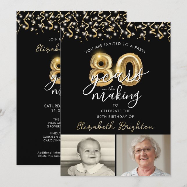 80th Birthday Black Gold 2 Photos Balloons Invitation (Front/Back)