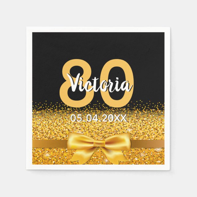 80th birthday black gold bow name napkin (Front)