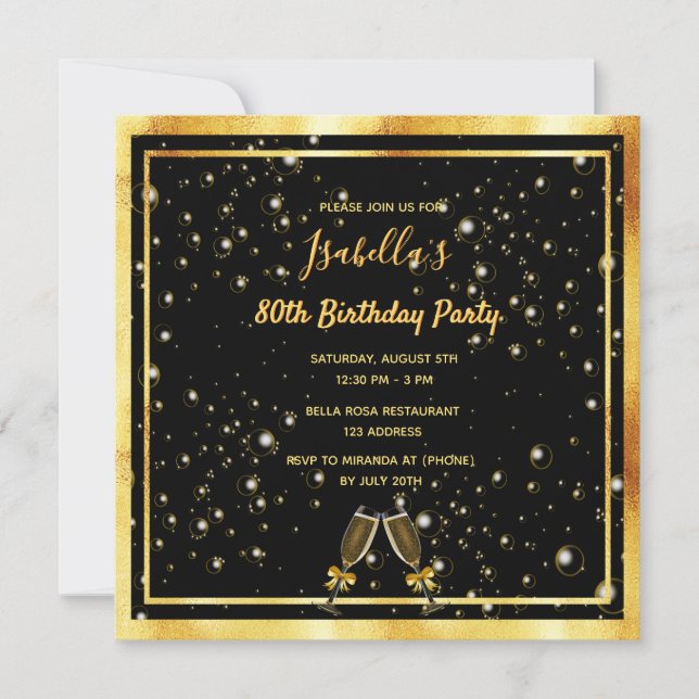 80th birthday black gold bubbles invitation (Front)