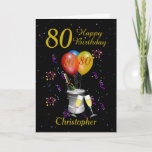 80th Birthday Black Gold Celebration Card<br><div class="desc">Happy birthday 80th age card. This bright card features an ice bucket with bottle of sparkling wine, flute glasses balloons, and confetti all on a black background with gold coloured text. Can be customize for any age and title then personalize by amending the name and the message inside which currently...</div>