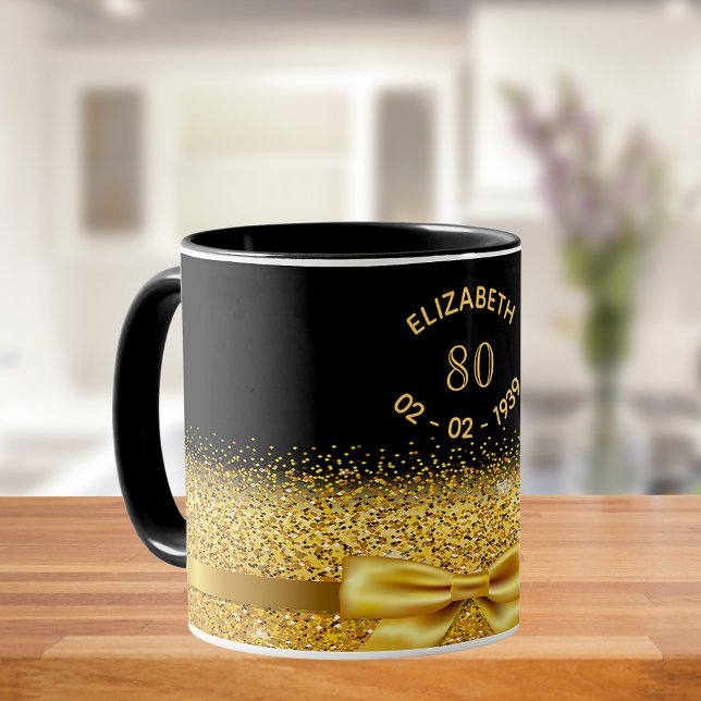 80th birthday black gold classic elegant bow name mug (Creator Uploaded)