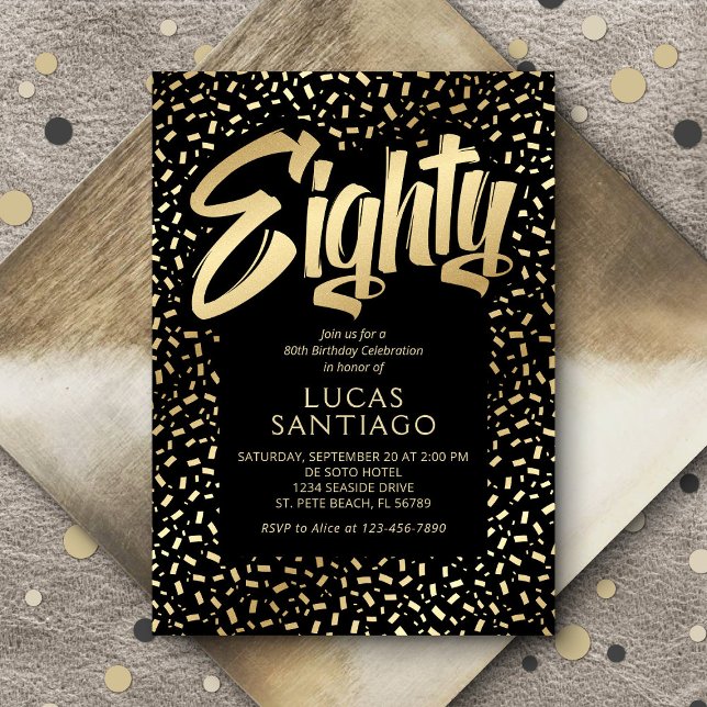 80th Birthday Black Gold Confetti Invitation (Creator Uploaded)