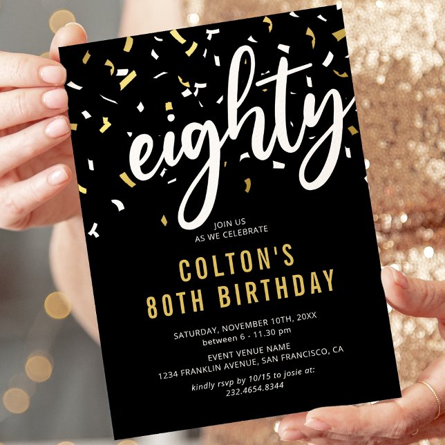 80th Birthday Black Gold Confetti Invitation (Creator Uploaded)