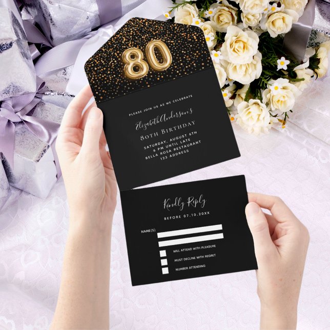 80th birthday black gold confetti rsvp all in one invitation (Creator Uploaded)