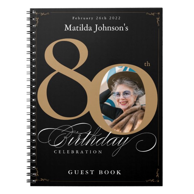 80th Birthday Black Gold Elegant  Script Guestbook Notebook (Front)