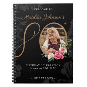 80th Birthday Black Gold Floral Photo Guestbook Notebook