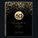 80th Birthday Black Gold Glitter Guestbook Notebook<br><div class="desc">Elegant 80th Birthday Party Celebration Guestbook Black Gold Glitter Sparkle Brushed Metal Name Feminine Script Custom Text Template Guest Book</div>